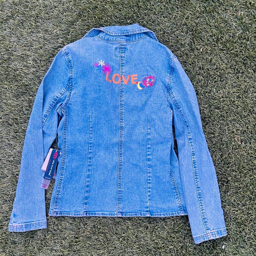 One Tuff Babe embroidered jean denim hippie floral jacket - Picture 3 of 4
